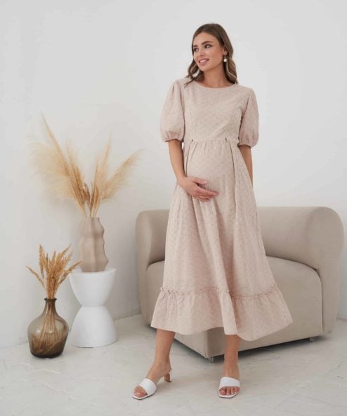 Бежевое платье для беременных и кормящих мам Amor New