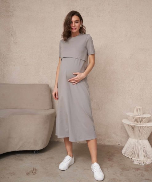 Серое платье-футболка для будущих и кормящих мам Casual