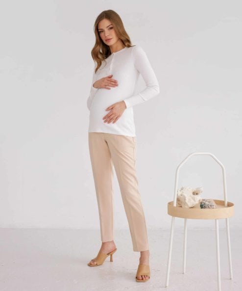 Светло-бежевые базовые брюки для будущих и кормящих мам Eleganza — изображение 3