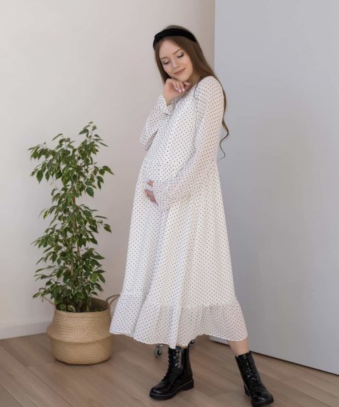 Белое платье в горошек для будущих и кормящих мам Valencia New