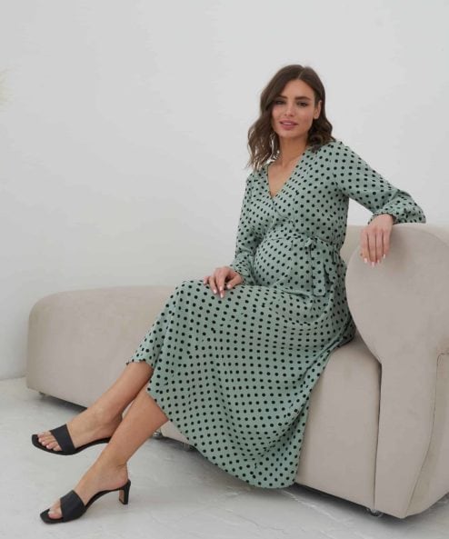 Фисташковое платье в горошек для будущих и кормящих мам Dalia