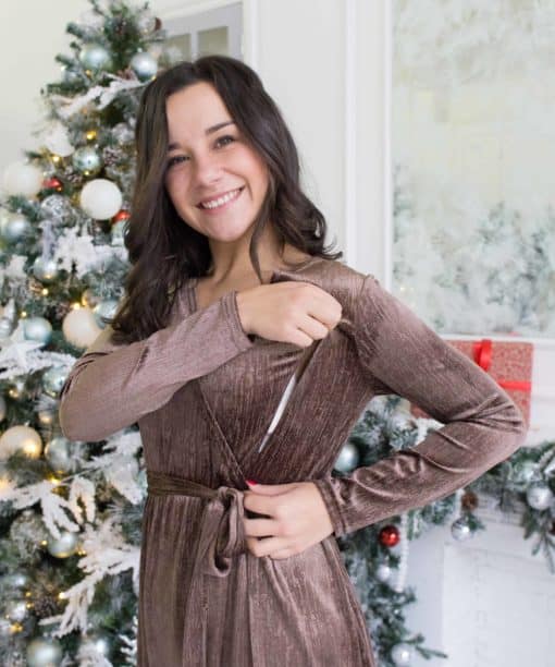 Кофейное бархатное платье для будущих и кормящих мам Magnolia — изображение 4