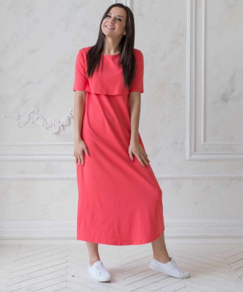Коралловое платье-футболка для будущих и кормящих мам Casual Коралловое платье-футболка для будущих и кормящих мам Casual — изображение 2