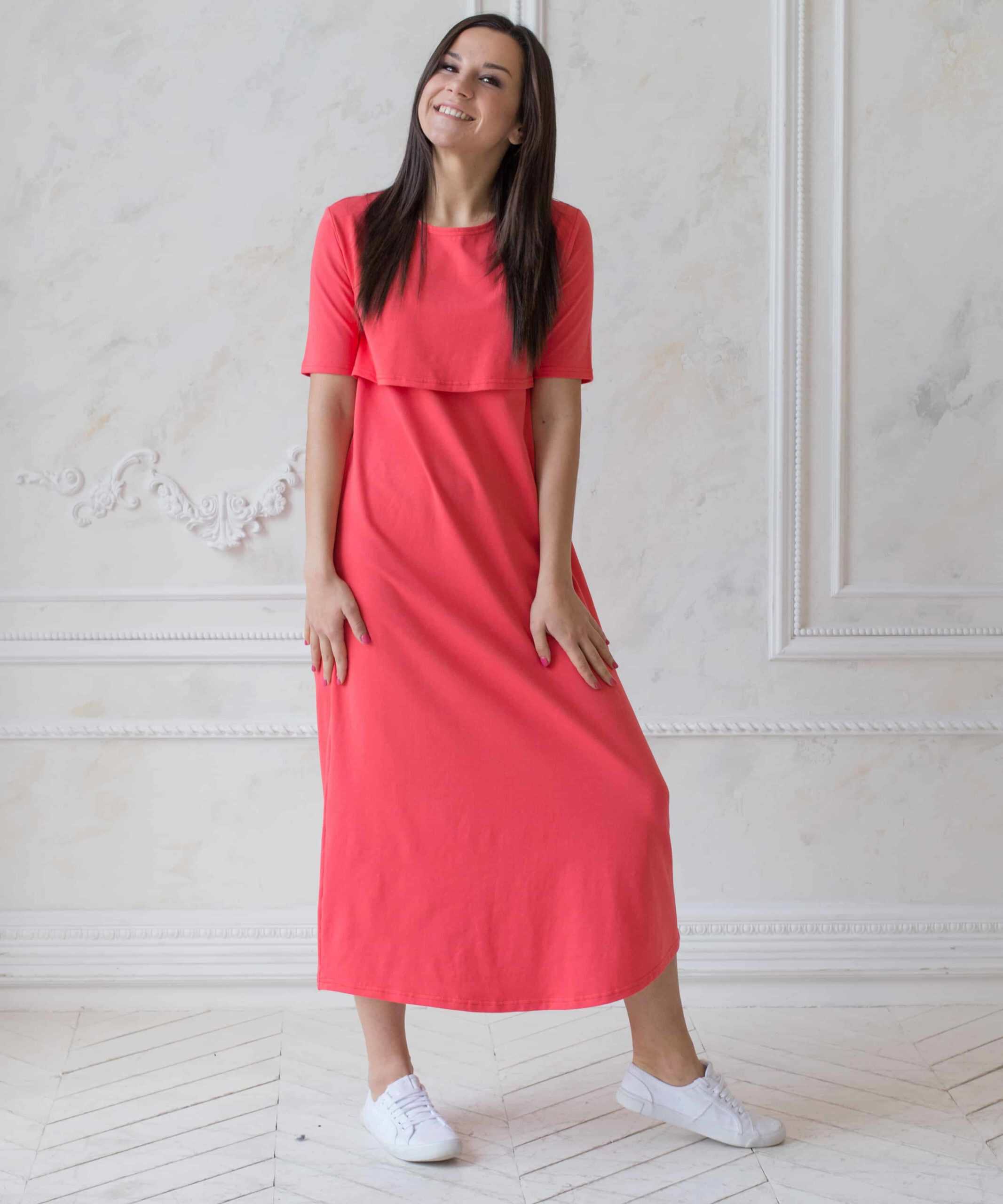Коралловое платье-футболка для будущих и кормящих мам Casual Коралловое платье-футболка для будущих и кормящих мам Casual — изображение 2