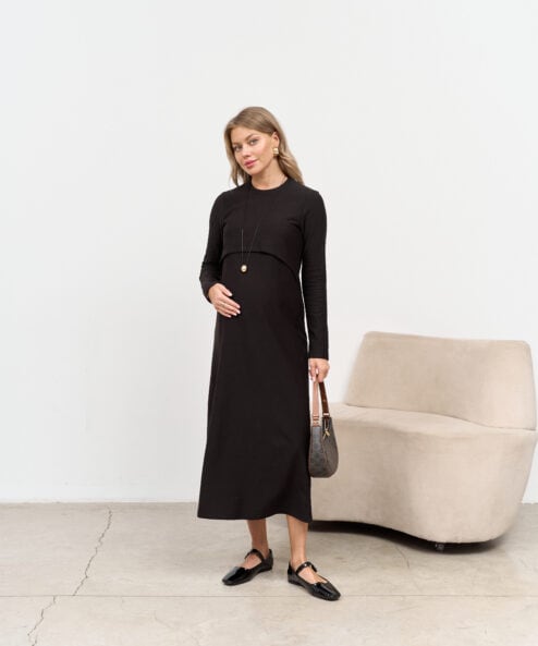 Черное платье для будущих и кормящих мам Casual Warm