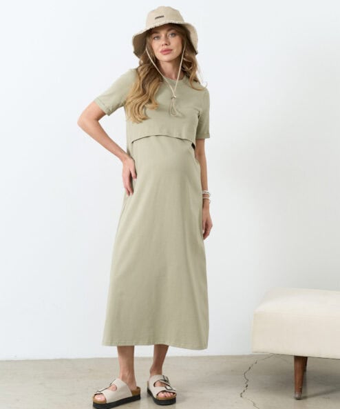 Оливковое платье-футболка для будущих и кормящих мам Casual