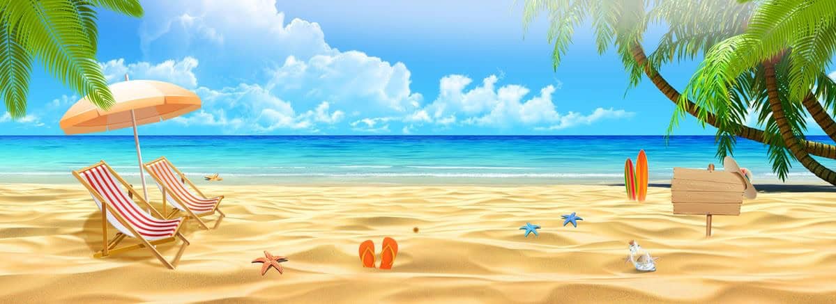 Пляж с шезлонгами, пальмами и морем, летний отдых, отпуск.